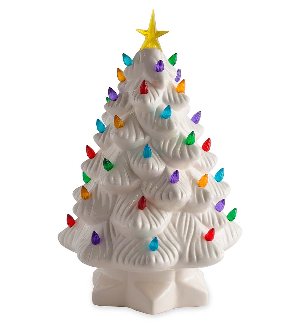 14" Indoor/Outdoor Battery-Operated Lighted Ceramic Christmas Tree - White