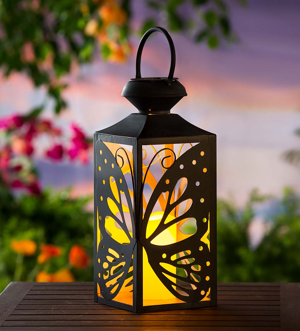 Solar Butterfly Metal Lantern with LED Candle | Wind and Weather