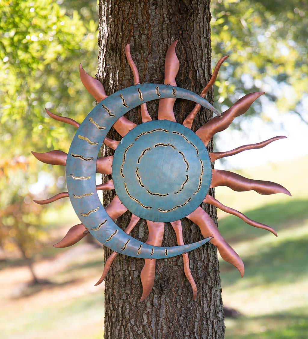 Handcrafted Blue and Copper-Colored Recycled Metal Moon and Sun