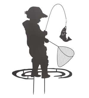 Wind & Weather Boy Fishing Silhouette Metal Garden Stake
