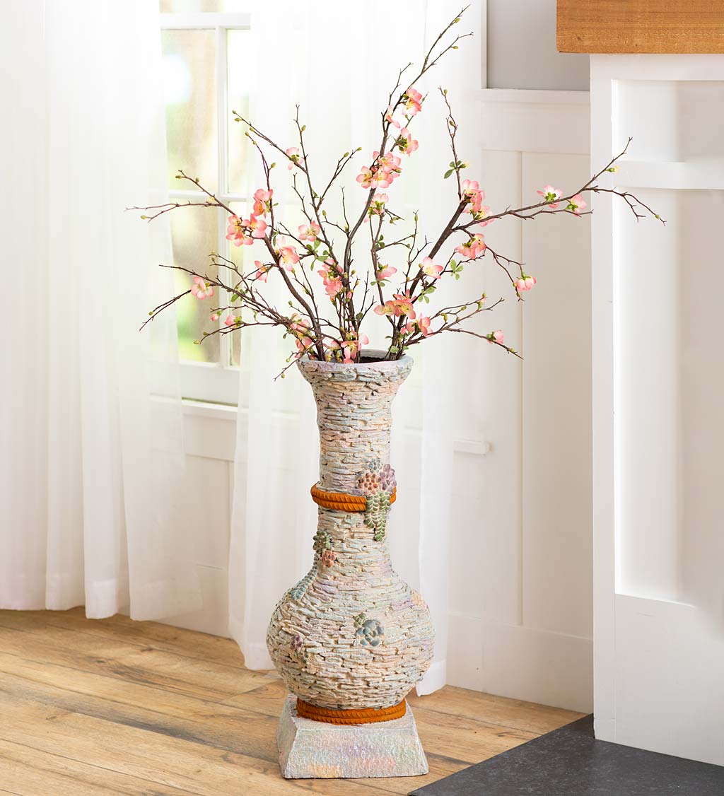 Stacked Faux Rock Non-Watertight Vase with Base and Floral Rope Accent ...