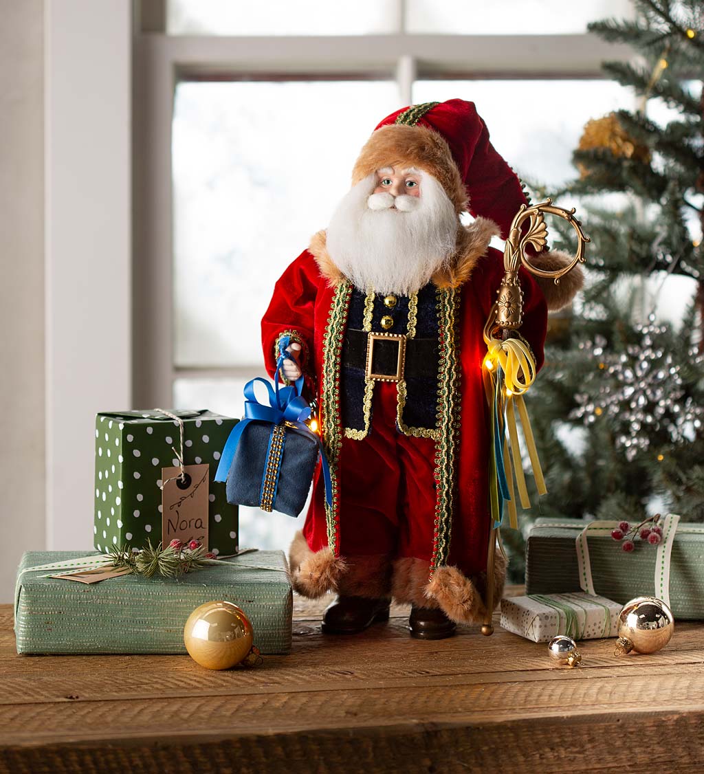 Old World Style Red Santa with Lighted Staff and Gift | Wind and 