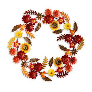 Autumn Flowers and Leaves Metal Wreath