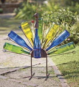 Solar Peacock Bottle Metal Yard Art