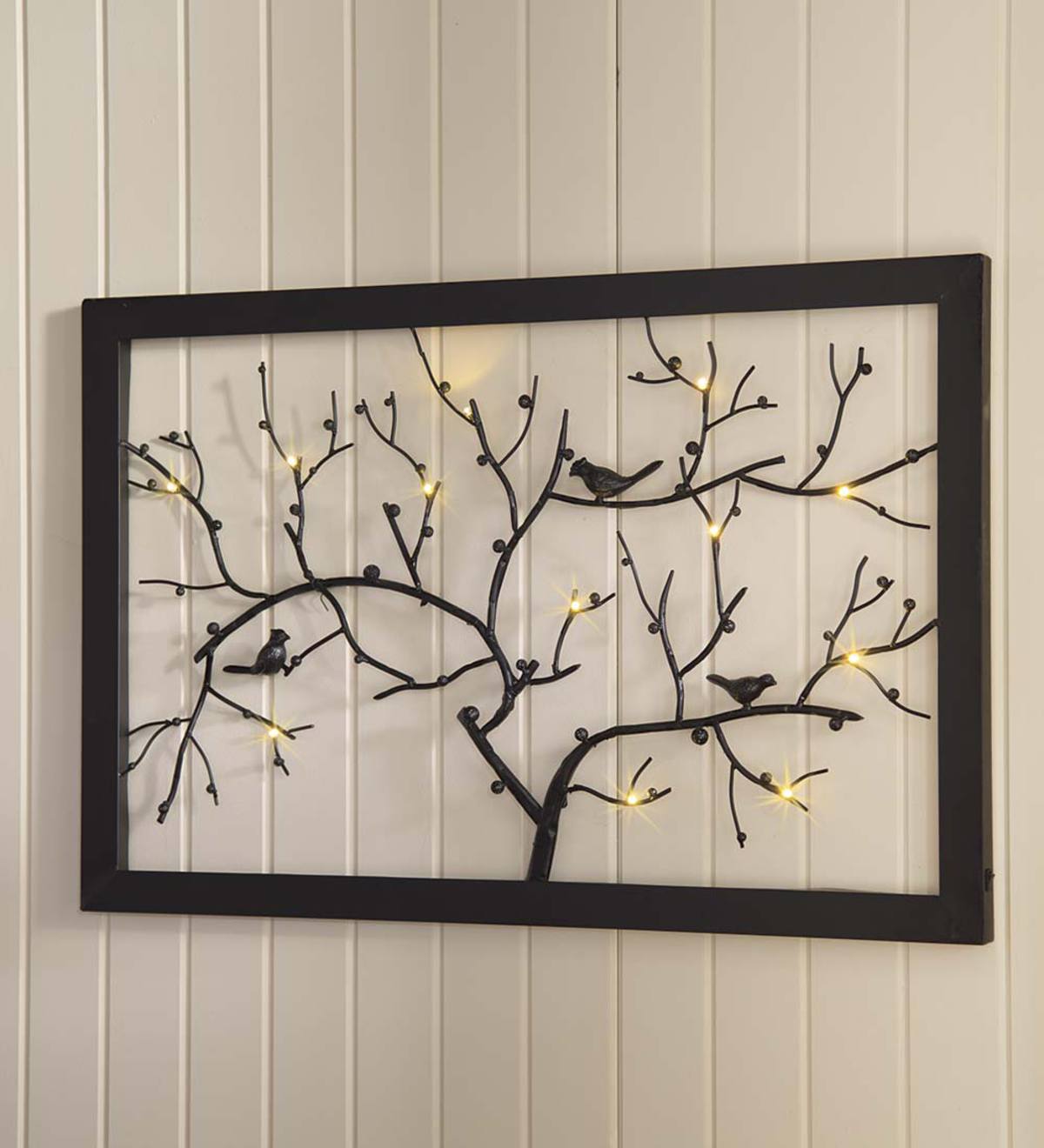 Lighted Birds on Branches Metal Wall Art
