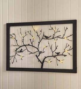 Lighted Birds on Branches Metal Wall Art