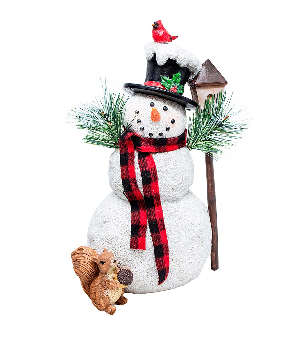 Happy Snowman with Squirrel and Birdhouse Statue | Wind and Weather
