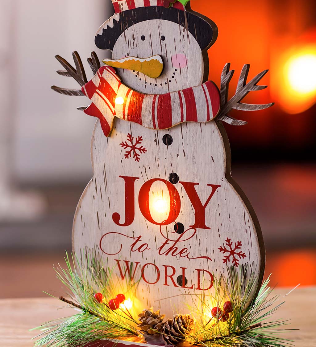 LED Joy to the World Wooden Snowman Table Decor | Wind and Weather