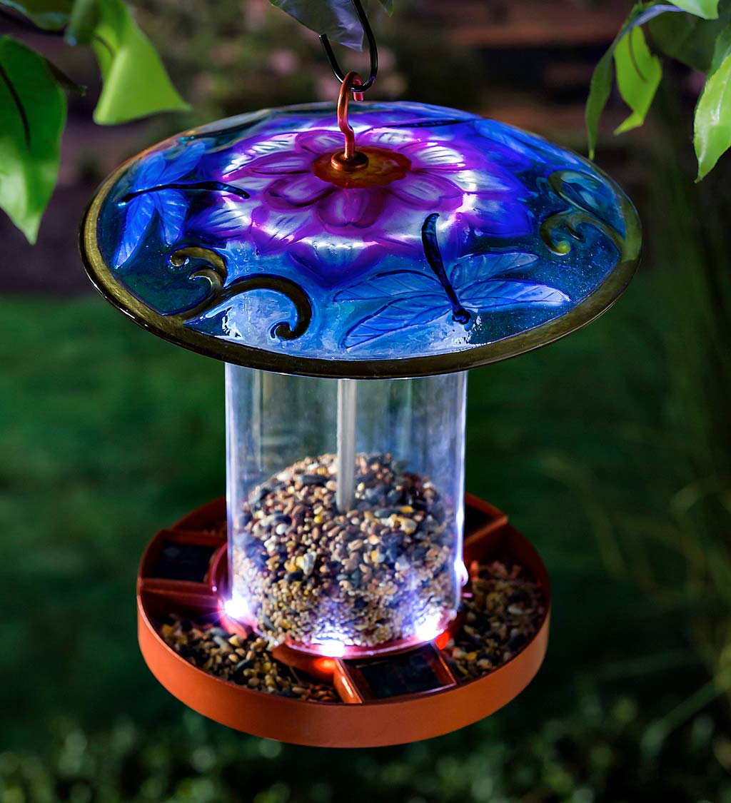 Solar Bird Feeder with Hand-Painted Embossed Glass Dragonfly Top