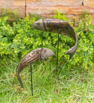 Handcrafted Metal Swimming Fish Garden Stakes, Set of 2