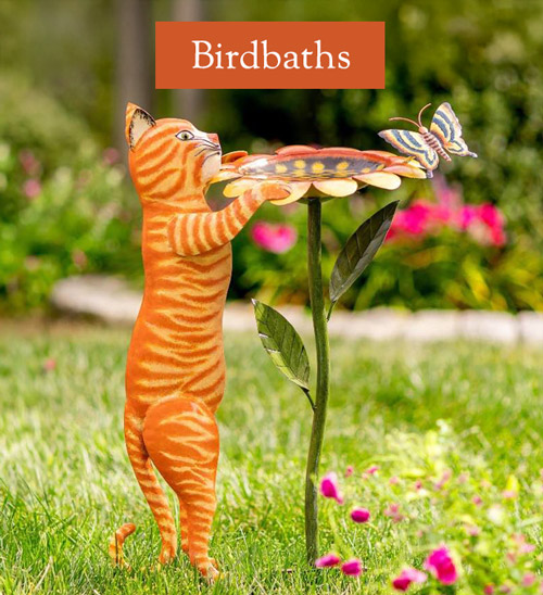 Image of Metal Cat and Sunflower Birdbath - Birdbaths