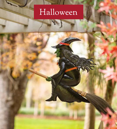 Image of Handcrafted Metal Flying Witch on Broom Hanging Mobile - HALLOWEEN DECOR