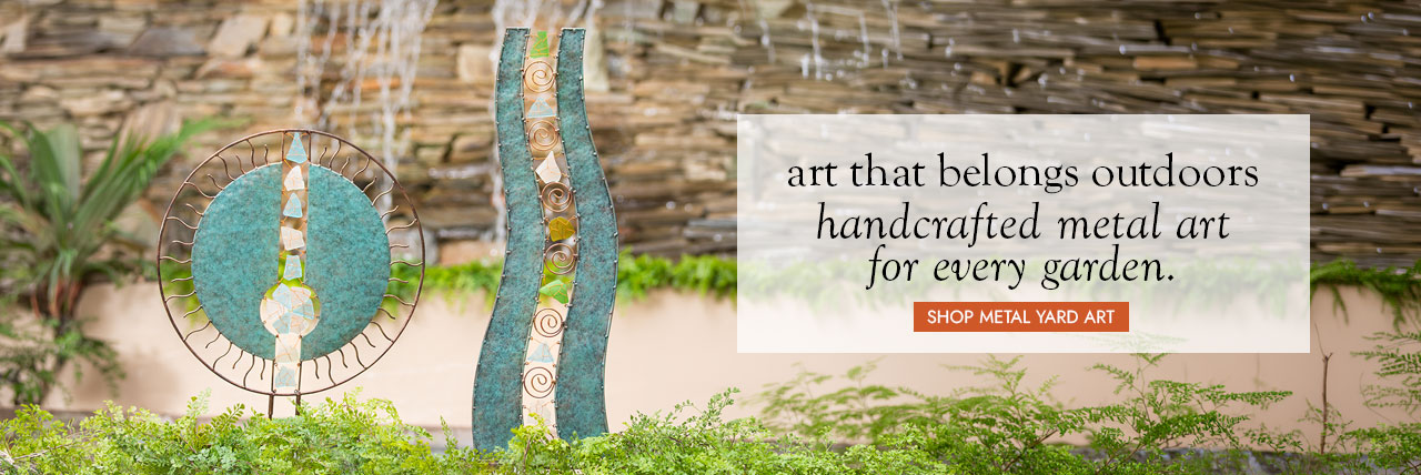 Image of Wavy Metal & Glass Garden Sculpture and Round Metal & Glass Garden Sculpture. art that belongs outdoors handcrafted metal art for every garden SHOP METAL YARD ART