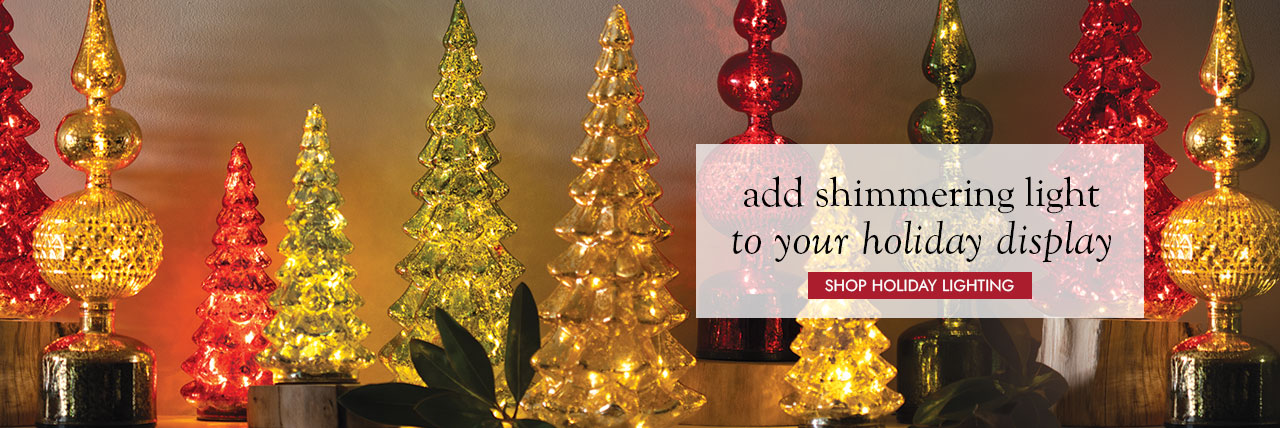 image of assorted lighted glass trees - add shimmering light to your holiday display - SHOP HOLIDAY LIGHTING