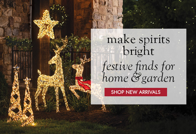 Image of Micro LED Star, Micro LED Cone Tree, Micro LED Leaping Reindeer and Micro LED Standing Reindeer. make spirits bright new festive finds for your home & garden. SHOP HOLIDAY DECOR