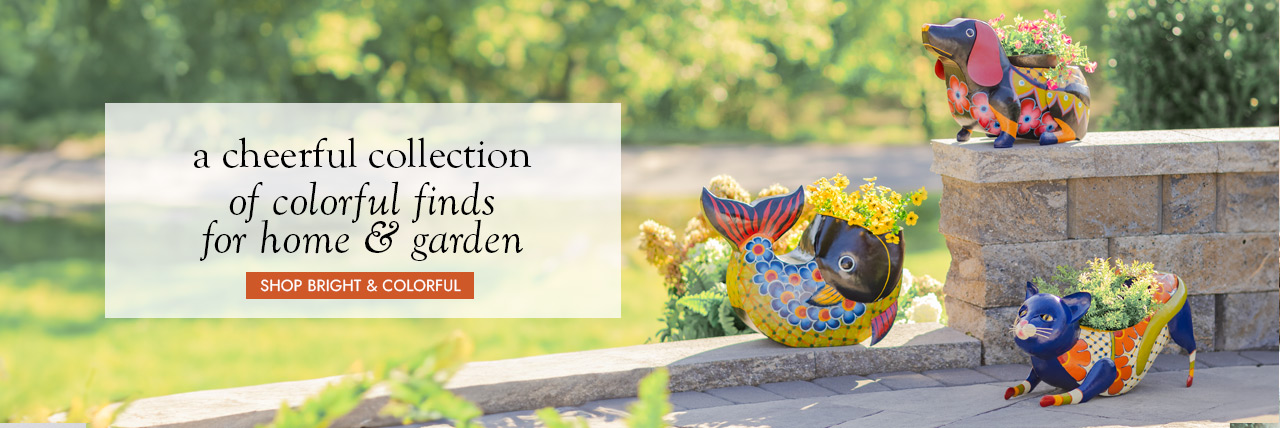 Image of Colorful Cat Planter, Colorful Dog Planter and Colorful Fish Planter. a cheerful collection of colorful finds for home & garden. SHOP BRIGHT & COLORFUL