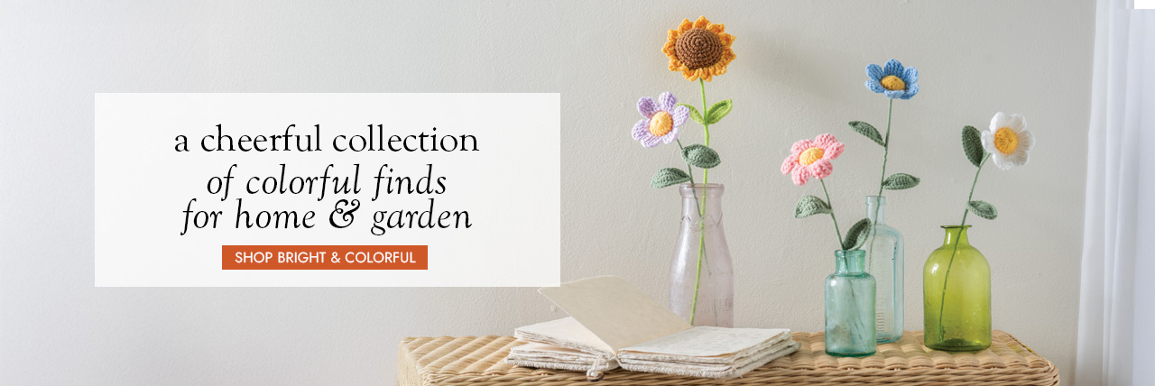 Image of Set of 4 Knitted Flowers and Set of 2 Knit Birdhouse Mobiles. a cheerful collection of colorful finds for home & garden. SHOP BRIGHT & COLORFUL