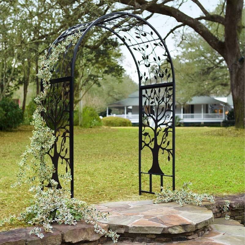 Metal Arched Garden Arbor with Tree of Life Design