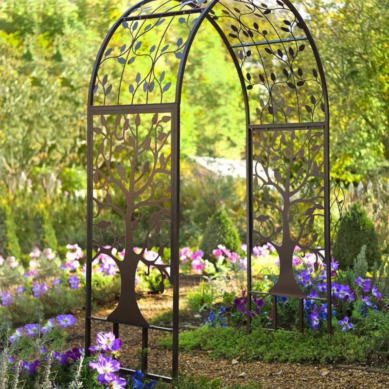 Metal Arched Garden Arbor with Tree of Life Design