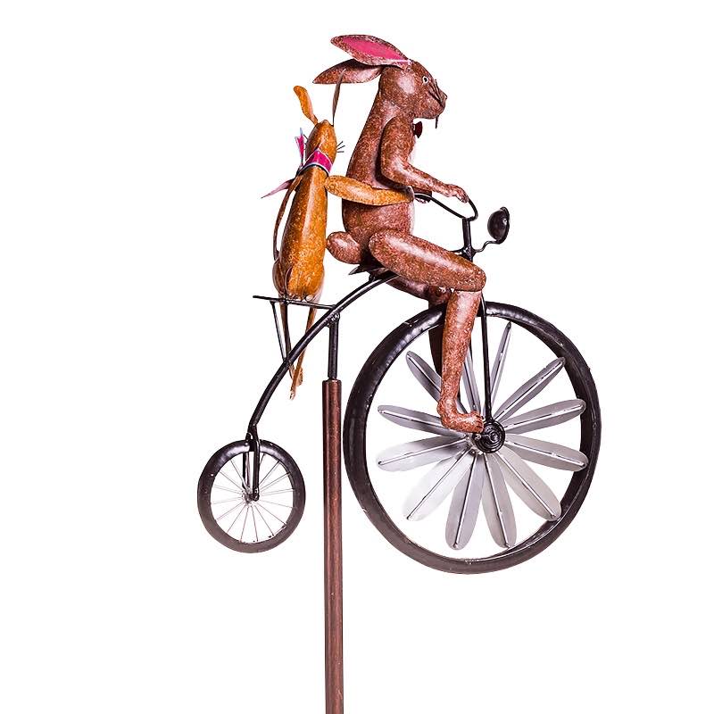 Handmade Bicycling Bunnies Metal Wind Spinner