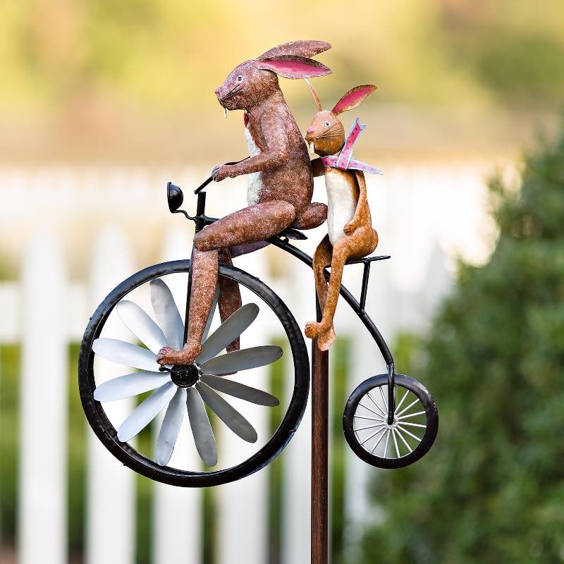 Handmade Bicycling Bunnies Metal Wind Spinner