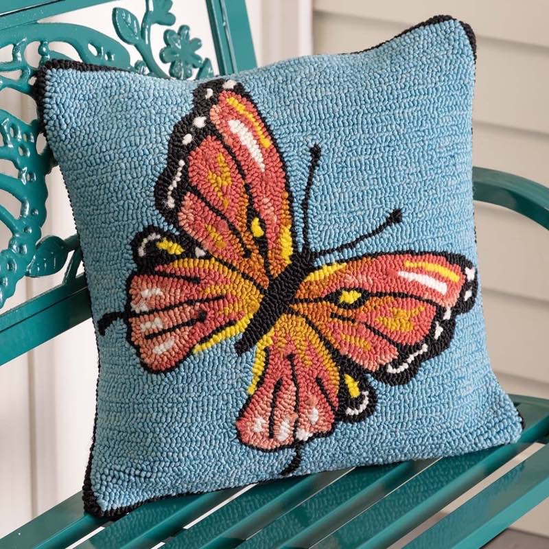 Indoor/Outdoor Blue Butterfly Hand Hooked Polypropylene Throw Pillow