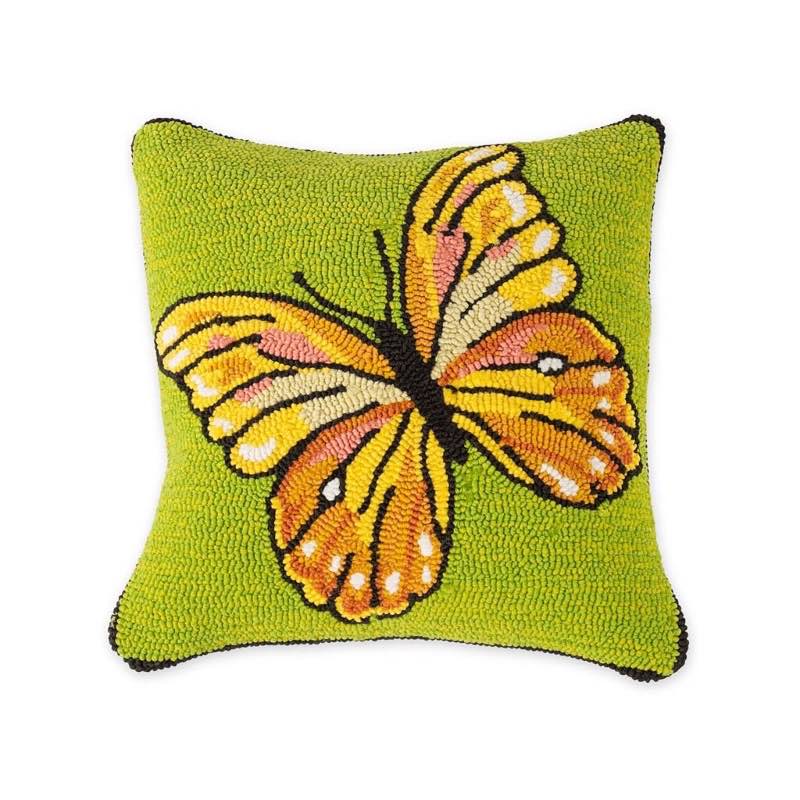 Indoor/Outdoor Green Butterfly Hand Hooked Polypropylene Throw Pillow