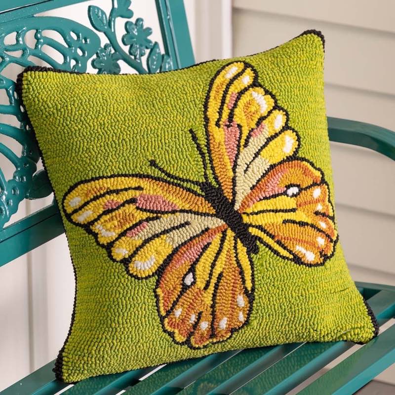 Indoor/Outdoor Green Butterfly Hand Hooked Polypropylene Throw Pillow