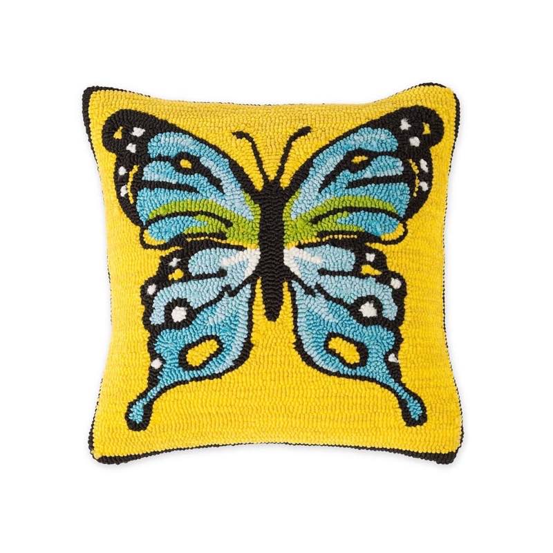 Indoor/Outdoor Yellow Butterfly Hand Hooked Polypropylene Throw Pillow