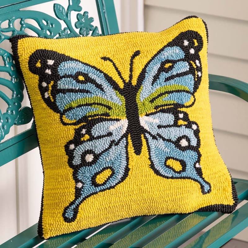 Indoor/Outdoor Yellow Butterfly Hand Hooked Polypropylene Throw Pillow