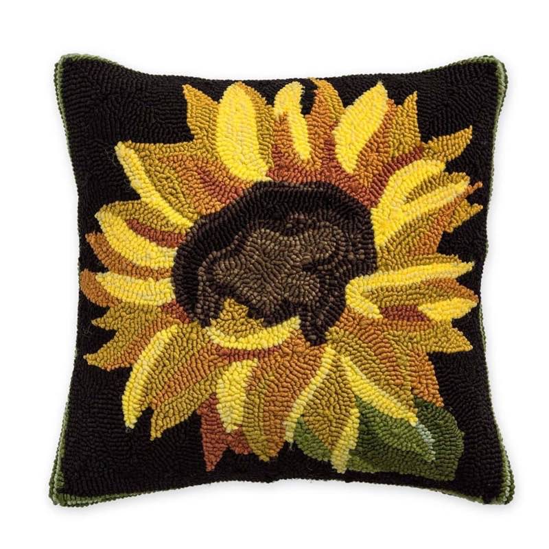 Indoor/Outdoor All-Weather Sunflower Hand-Hooked Throw Pillow