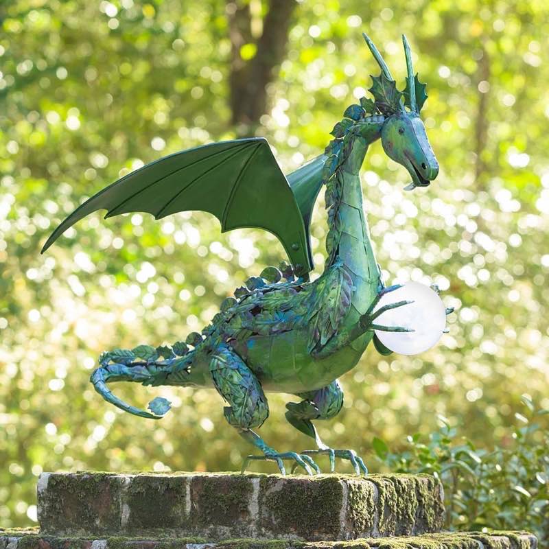 Green Metal Dragon Statue Holding Solar-Powered Pearl