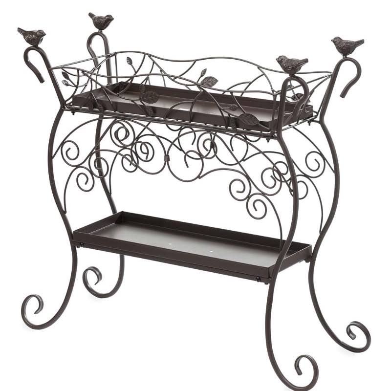 Two-Tiered Cast Iron Plant Stand with Birds