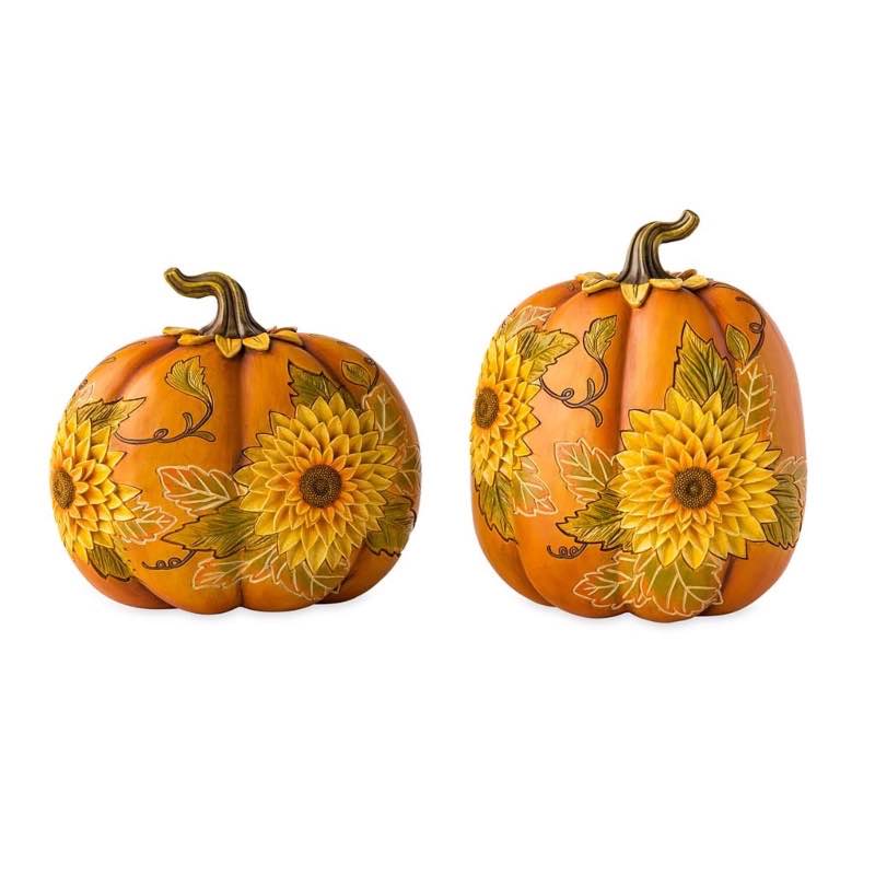 Decorative Indoor/Outdoor Pumpkins With Carved-Wood Look, Set of 2