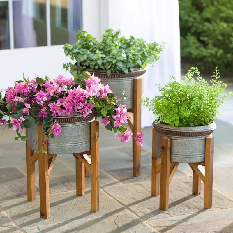 Galvanized Metal Planters with Wooden Stands, Set of 3