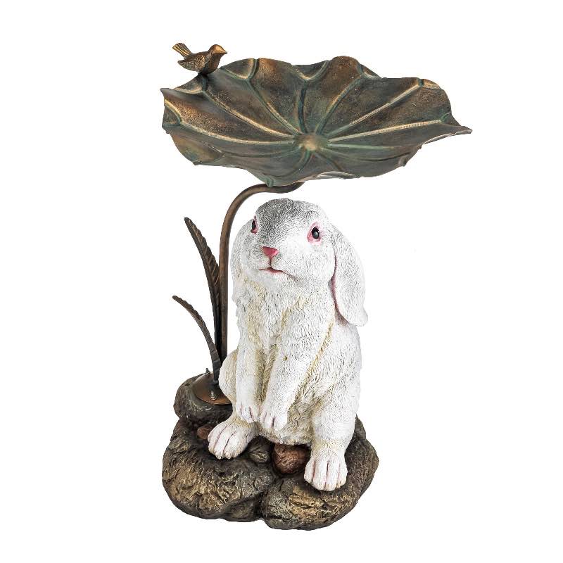 Stone-Look Bunny Birdbath with Metal Leaf Basin