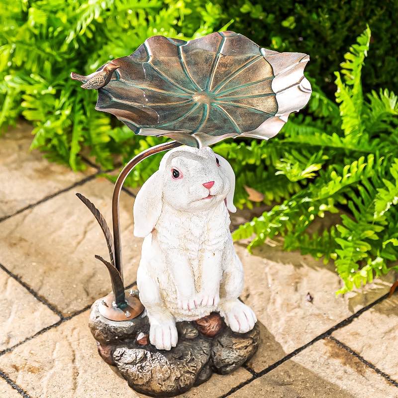 Stone-Look Bunny Birdbath with Metal Leaf Basin