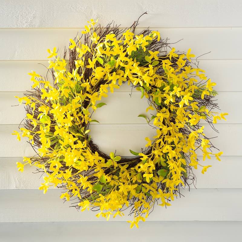 Faux Forsythia Wreath on Rattan Base