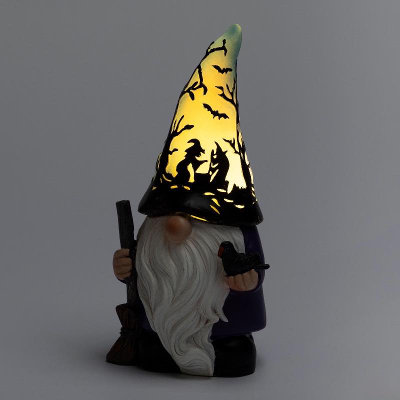 Halloween Gnome with Lighted Hat and Raven