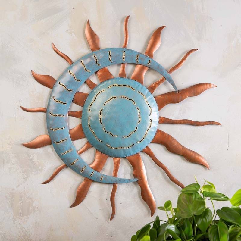 Handcrafted Blue and Copper-Colored Recycled Metal Moon and Sun Wall Art