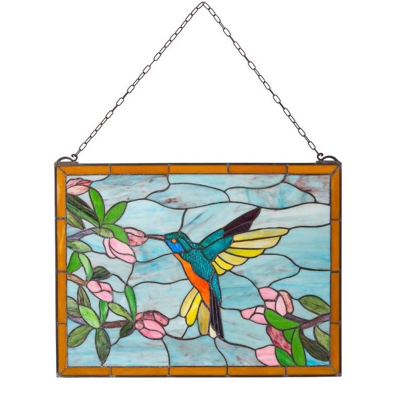 Stained Glass Hummingbird Art Panel with Metal Frame and Chain