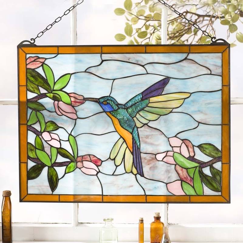 Stained Glass Hummingbird Art Panel with Metal Frame and Chain