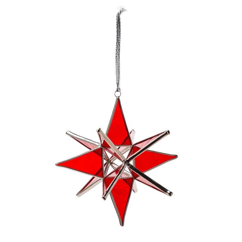 Stained Glass Moravian Star Ornament with Hanging Ribbon - Red