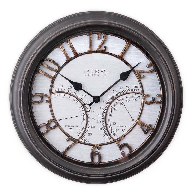 Indoor/Outdoor Analog Wall Clock with Temperature and Humidity Displays