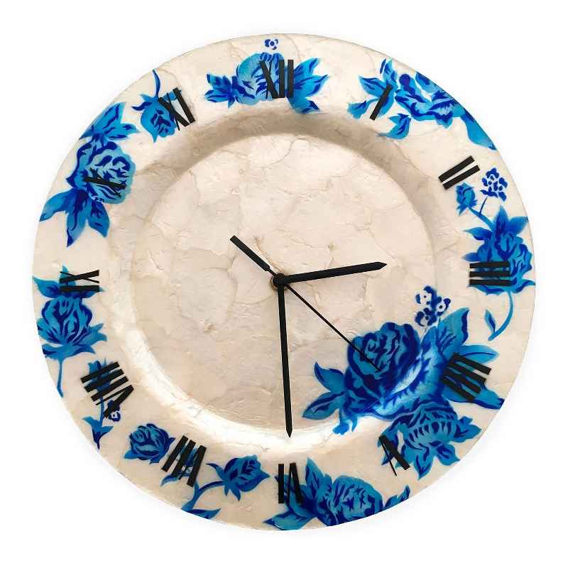 Capiz Wall Clock with Blue Flowers
