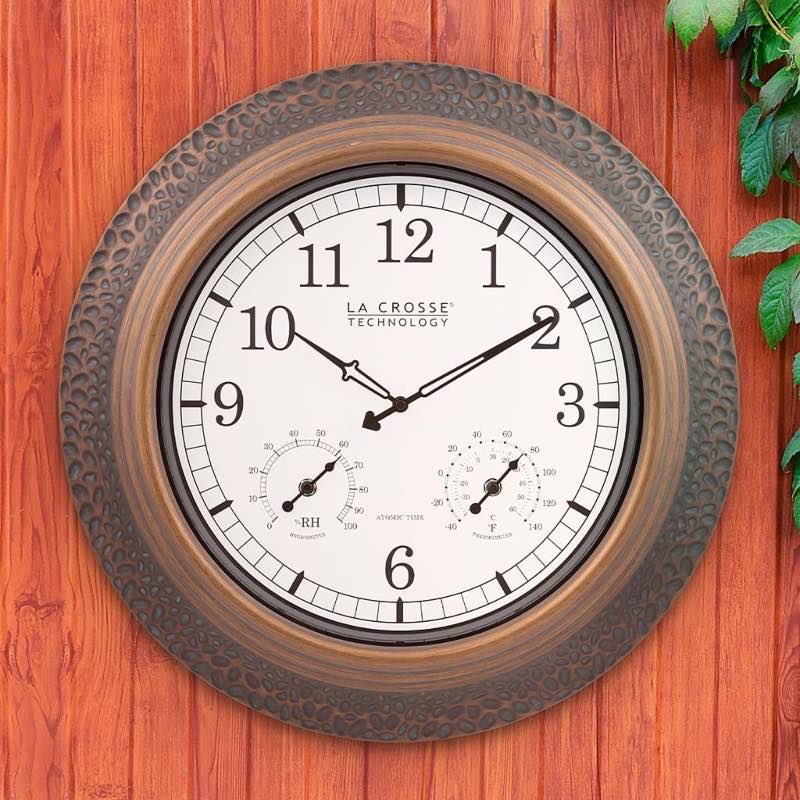 Indoor/Outdoor Atomic Analog Wall Clock with Temperature and Humidity