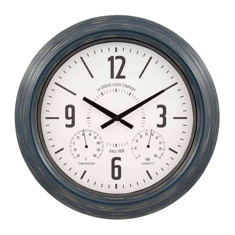 Indoor/Outdoor Atomic Analog Wall Clock with Temperature and Humidity and Large Sans-Serif Numerals