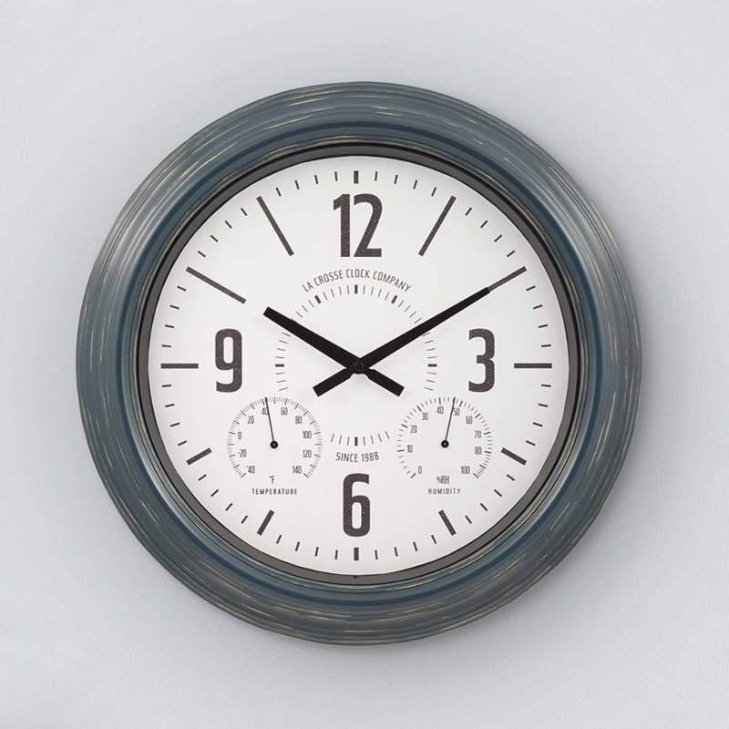 Indoor/Outdoor Atomic Analog Wall Clock with Temperature and Humidity and Large Sans-Serif Numerals