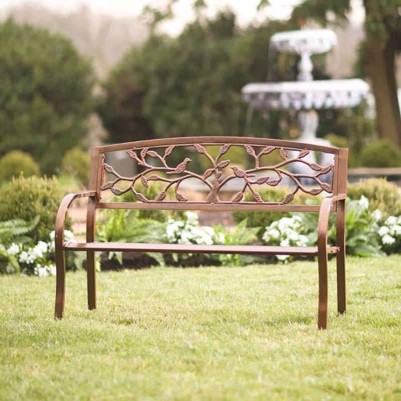 Antiqued Copper-Colored Metal Bench with Tree of Life Motif Backrest