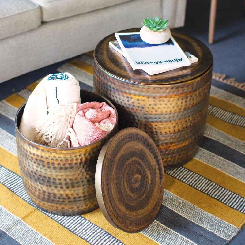 Rustic Hammered Metal Copper and Brass Finish Storage Tables, Set of 2
